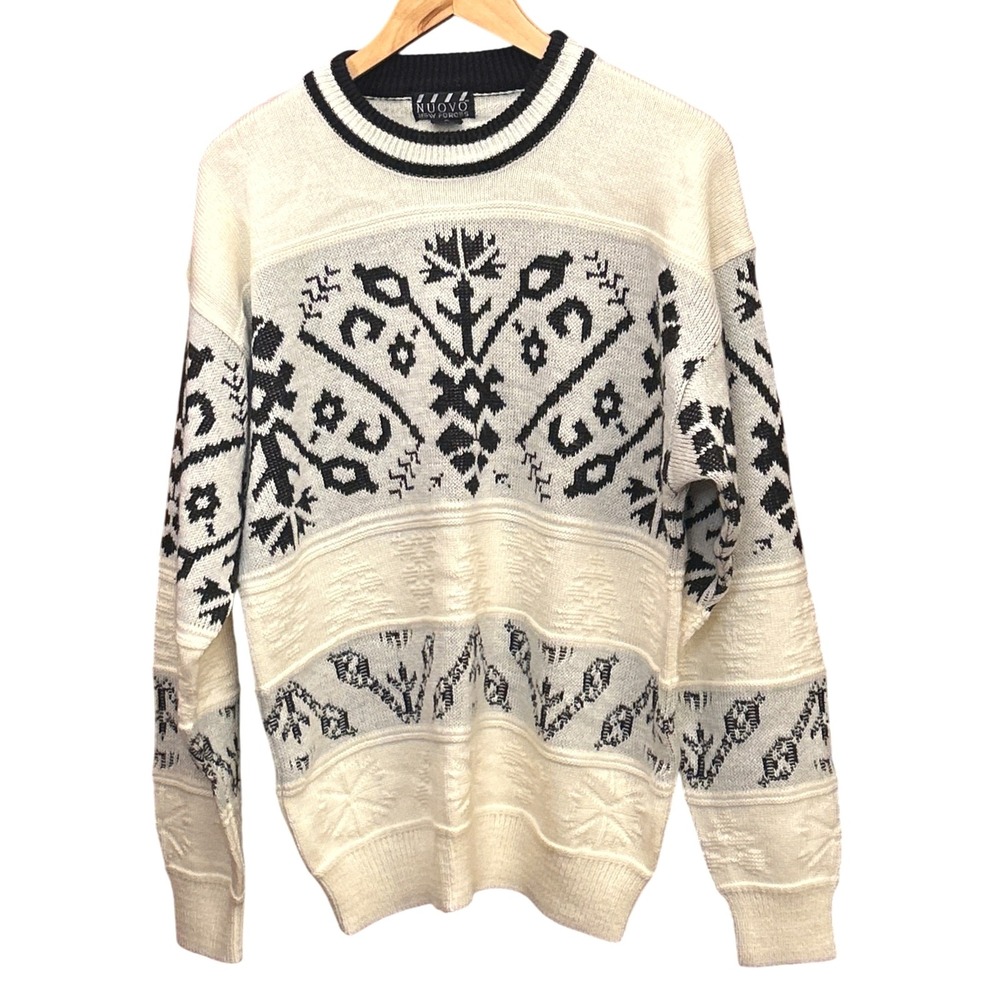 Nuovo Vintage Nordic Knit Sweater Black White Geometric Pattern Made Taiwan XL
